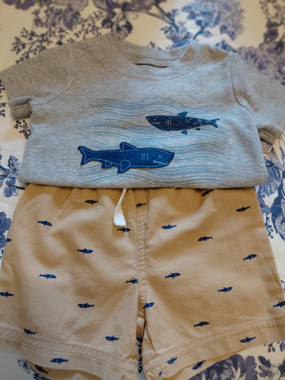 Carter's Gray Tee with Navy Shark Appliqués ###0925
